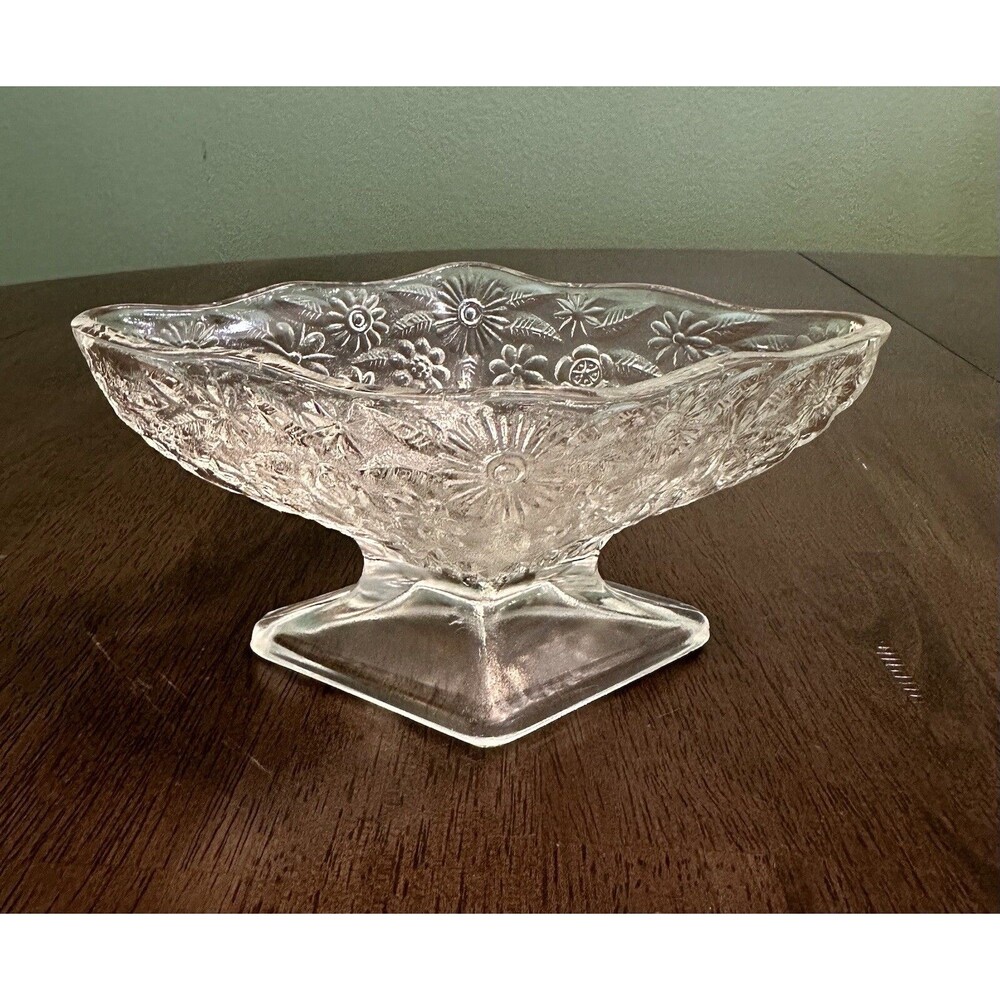 Diamond Shaped INDIANA GLASS Clear Glass Floral Footed Dish VTG
